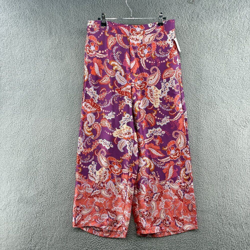 VICI Wide Leg Satin Pants Size Medium Paisley Floral Pink Purple Beach Vacation